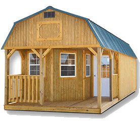 Large barn-style shed with porch combines storage, workspace, and outdoor living in one versatile structure. Lofted design adds extra overhead storage and usable space for multi-purpose backyard use.