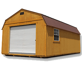 Large utility storage shed with roll-up garage door provides easy access for equipment, lawn mowers, and vehicles. Durable construction and wide entry make it ideal for heavy-duty backyard storage needs.
