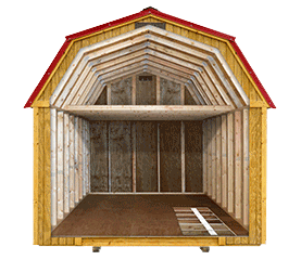 Spacious barn-style shed interior with exposed framing and loft-ready design, maximizing vertical storage and workspace potential. Large storage sheds offer increased headroom and flexible layouts for tools, equipment, and hobby use.
