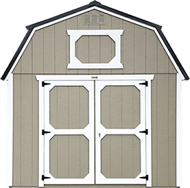 Lofted barn shed with high gambrel roof maximizes vertical storage and overhead loft space for organization. Barn-style sheds are popular for their increased capacity and efficient use of space.