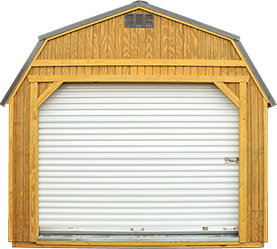 Large lofted garage shed with roll-up door provides secure storage for vehicles, equipment, and heavy tools. Garage-style backyard buildings offer durability and easy access for larger storage needs.