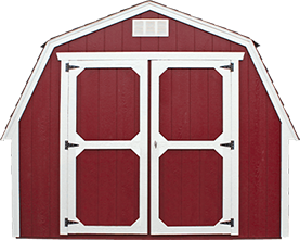 Classic mini barn shed with gambrel roof provides extra overhead storage while maintaining a compact footprint. Barn-style sheds are a popular choice for maximizing backyard storage capacity.