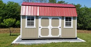 Storage shed built on a compacted gravel pad foundation designed for excellent drainage and moisture control. Gravel foundations are cost-effective, easy to install, and ideal for small to medium sheds.